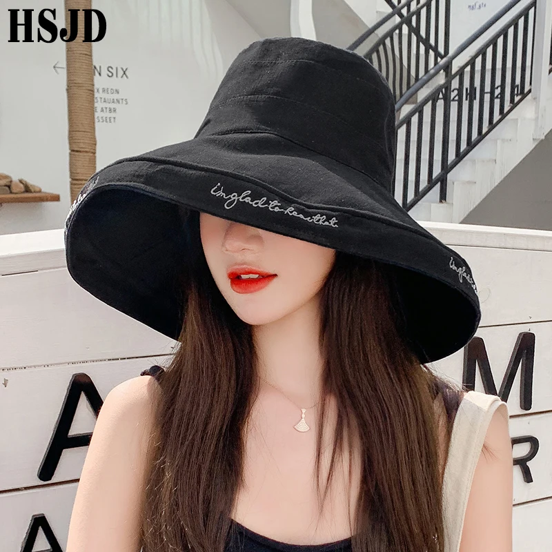 

Super Large Brim Anti-UV Beach Hat Summer Women Sun Hats Foldable Bucket Hat 2020 Fashion Letter Embroidery Female Visor Bonnet
