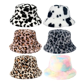 

6 Colors Fashion Decoration Winter Autumn Leopard Adjustable Plush Bucket Hat Ladies Soft Faux Fur Fisherman Cap Thickened Warm