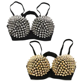 

Women Sexy Silver Tone Metallic Punk Spike Studs Gather Rivet Bra Bralet