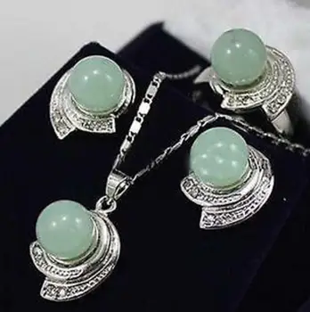 

Free Shipping new hot Jewelry Green jade Gems tones Earrings & Ring & Pendant Set