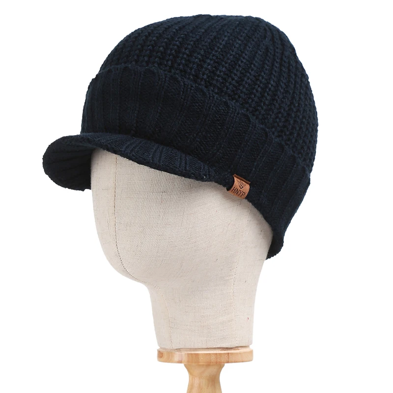 Navy Blue Теплая зимняя шапка унисекс, модная зимняя в стиле бини, шапка для мужчин и женщин, зимняя шапка, шерстяная меховая уличная шапка, толстая вязаная шапка с козырьком - Цвет: Navy Blue