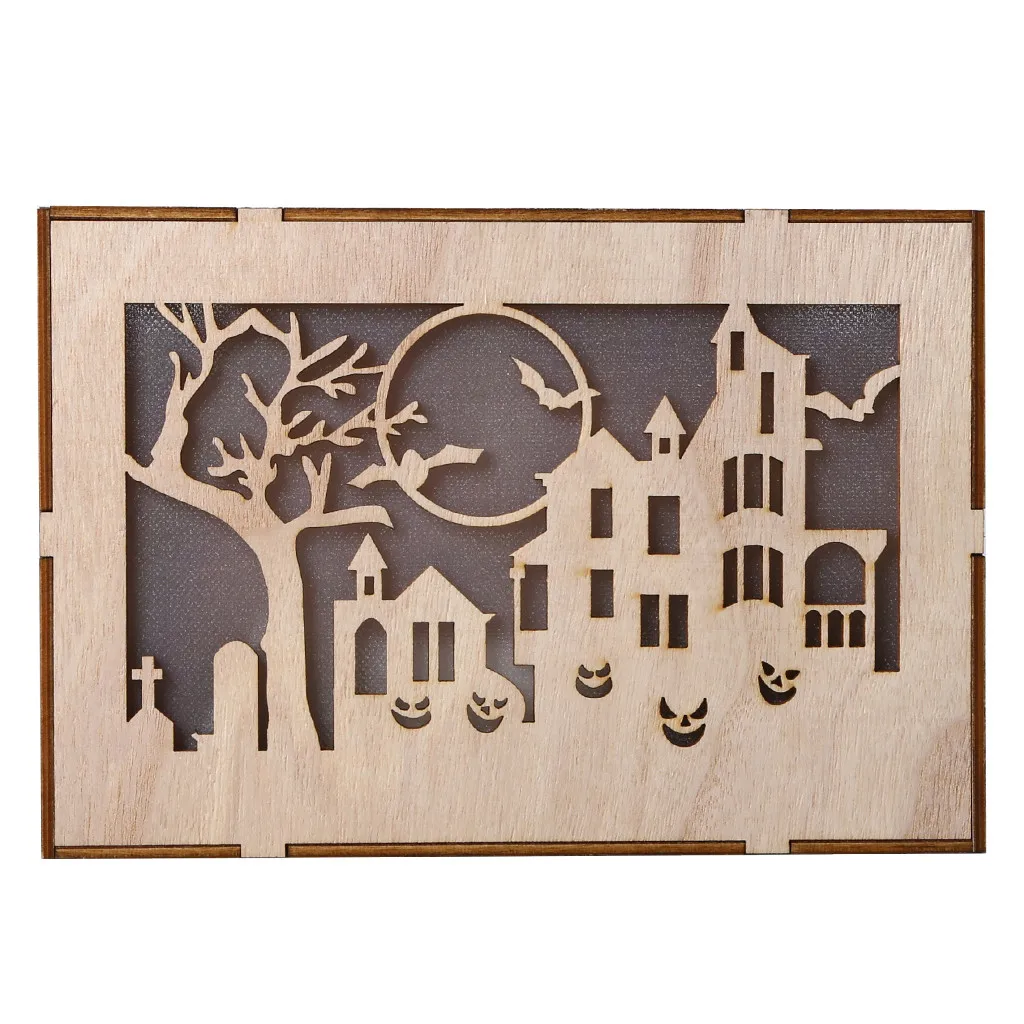 Halloween Hanging Decoration Crafts Wooden Pumpkin Haunted House Pendant LED Night Light Halloween Home Decor Clever Party Decor