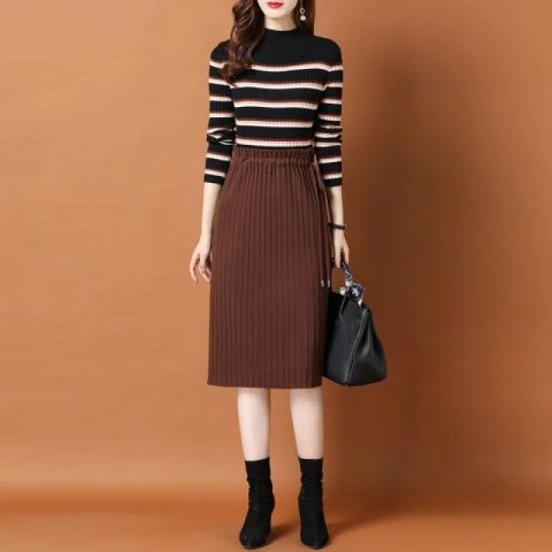 

Half Turtleneck Sweater Dress Women 2023 New Autumn And Winter Dress Striped Long-sleeved Color Matching Knitted Dress
