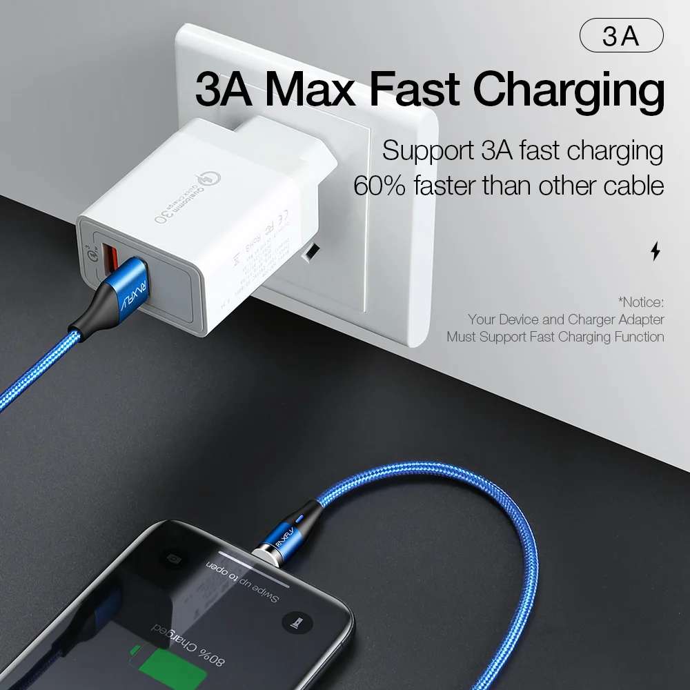 Магнитный зарядный кабель RAXFLY 3A для iPhone Xiaomi mi A2 Быстрая зарядка mi cro usb type C кабель освещения Магнитный кабель 1 м Кабо провод