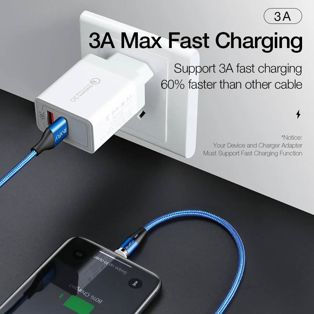 Магнитный зарядный кабель RAXFLY 3A для iPhone Xiaomi Mi A2 быстрой зарядки Micro USB Type C