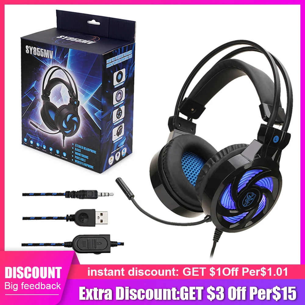 SY855MV profession PS4 Gaming Wired Headset With Mic Stereo LED Light Over Ear Computer Phone Gaming Headphone For PC XBox One