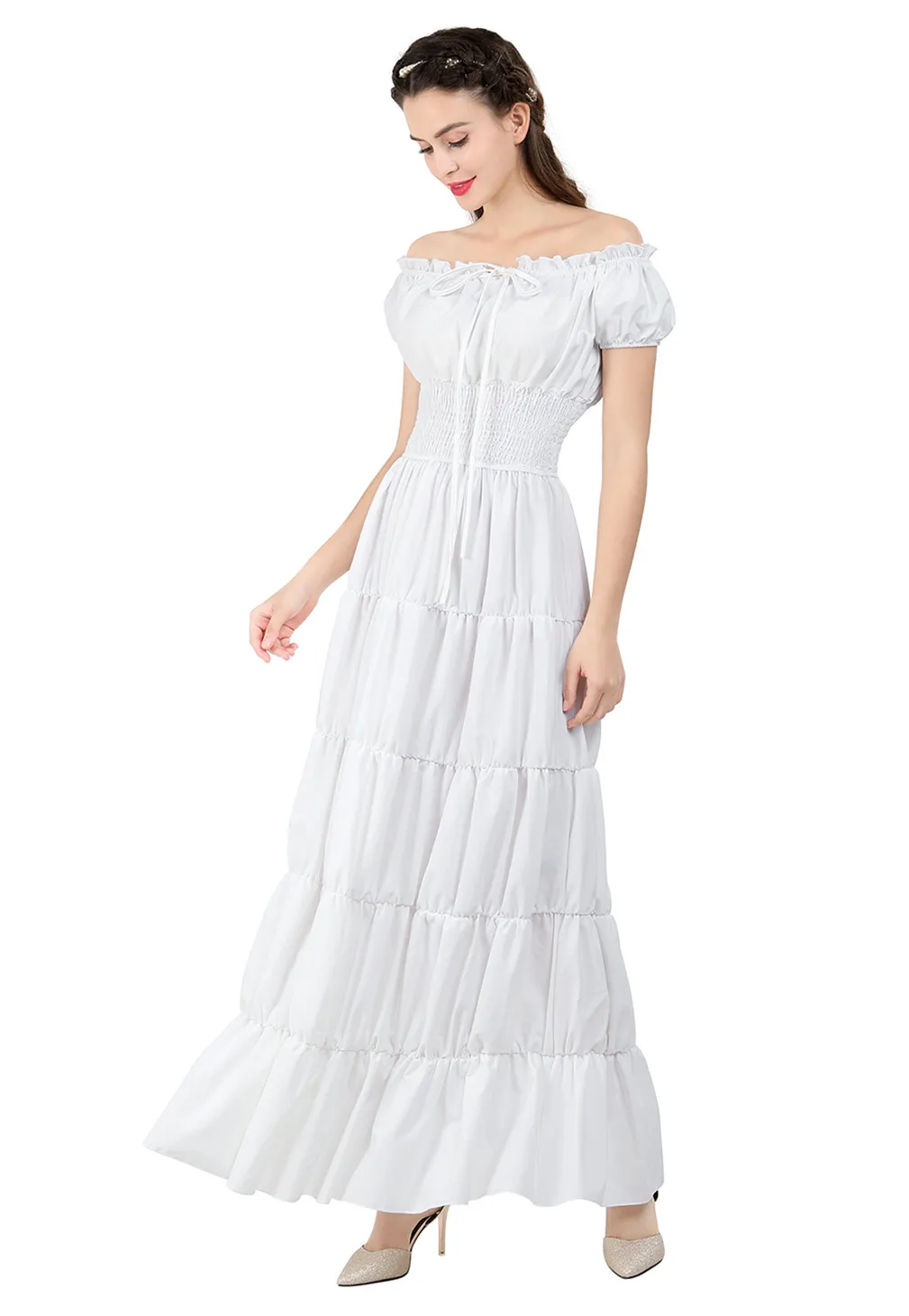 Women Renaissance Costume Medieval Vintage Dress for Women Party Wedding Short Sleeves Off Shoulder Waist Retro Pleated summer dress elegant maxi dress with bat sleeves layered hem for women soft pleated breathable ankle length party prom attire