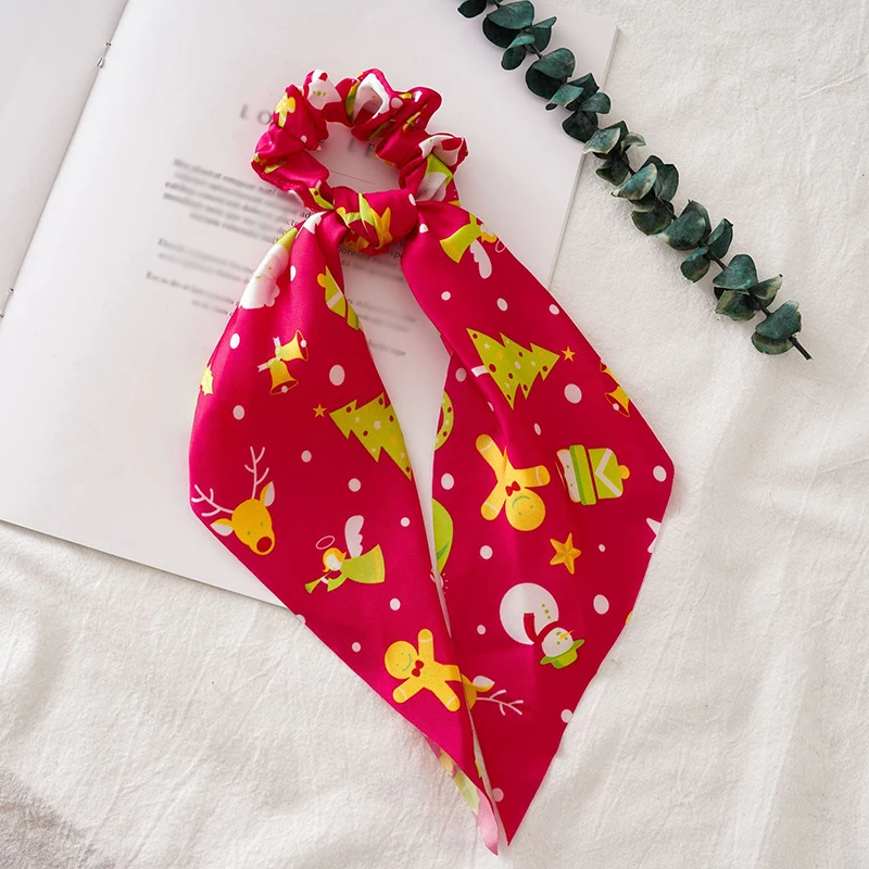 Christmas New Floral Dot Streamers Scrunchies Women Hair Scarf Elastic Bow Hair Rope Ribbon Band Girls Hair Accessories