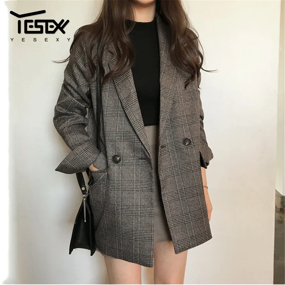 

Yesexy 2019 Autumn Winter Double Breasted Office Ladies Plaid Blazer Long Sleeve Loose Suit Coat Jacket Women Blazers VR1234