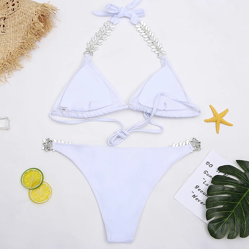 

Suit Women Girls Bikini Triangle Bottoms Thong Spaghetti Strap Rhinestone Bathing Sexy Comfort
