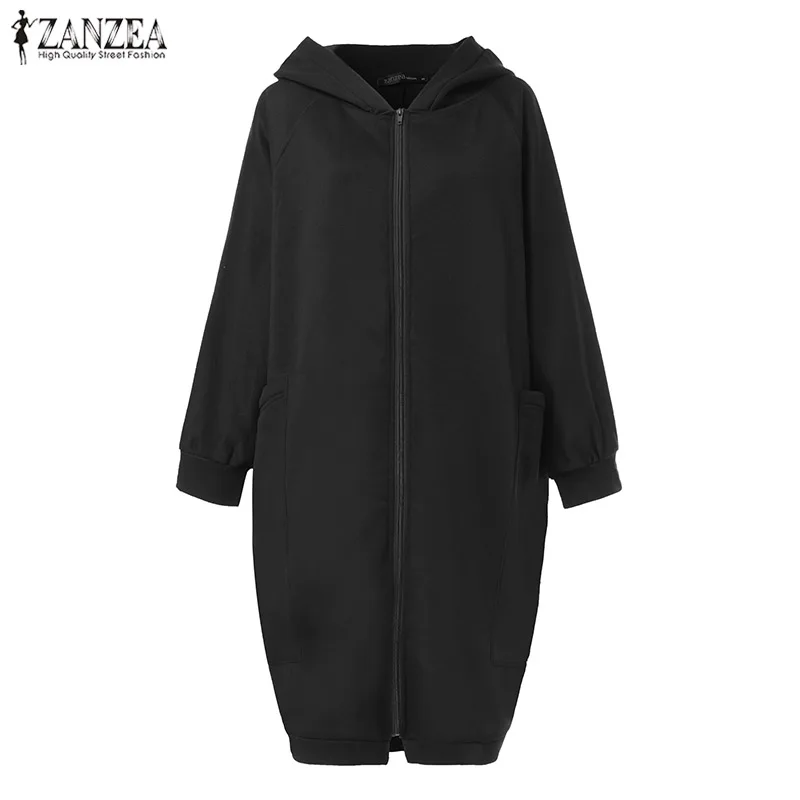 ZANZEA Autumn Women Sweatshirt Casual Solid Hoodie Coats Big Pockets Long Sleeve Hoody Sweatshirts Zip Up Outwear Plus Size