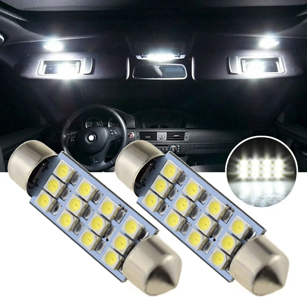 

2pcs White SUV Car Interior Lights Dome Map Bulbs 3528-SMD 12 LED Festoon Lamp Reading Light Universal Lighting Accessories