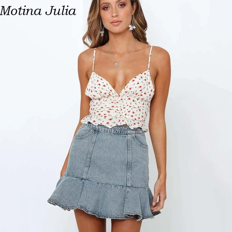 Motina Julia, сексуальная короткая майка с цветочным принтом и рюшами, женская летняя элегантная повседневная Пляжная майка, крутая Женская милая майка на бретелях