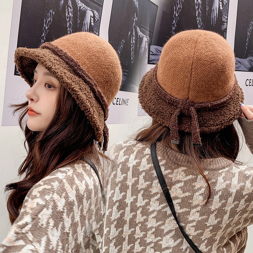 

Women Bucket Hats Winter Caps Casual Style Grain Fleece Stitching Modeling Warm Soft Outdoor Travel High Quality