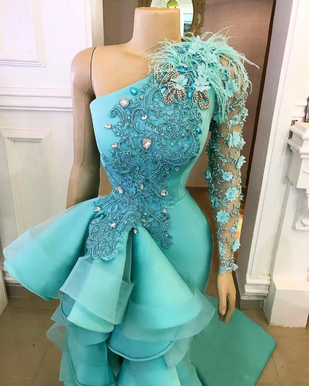 Реальные фотографии вечерние платья аква-бусины robe de soiree abiye вечернее платье на одно плечо abendkleider разрезное перо вечерние платья