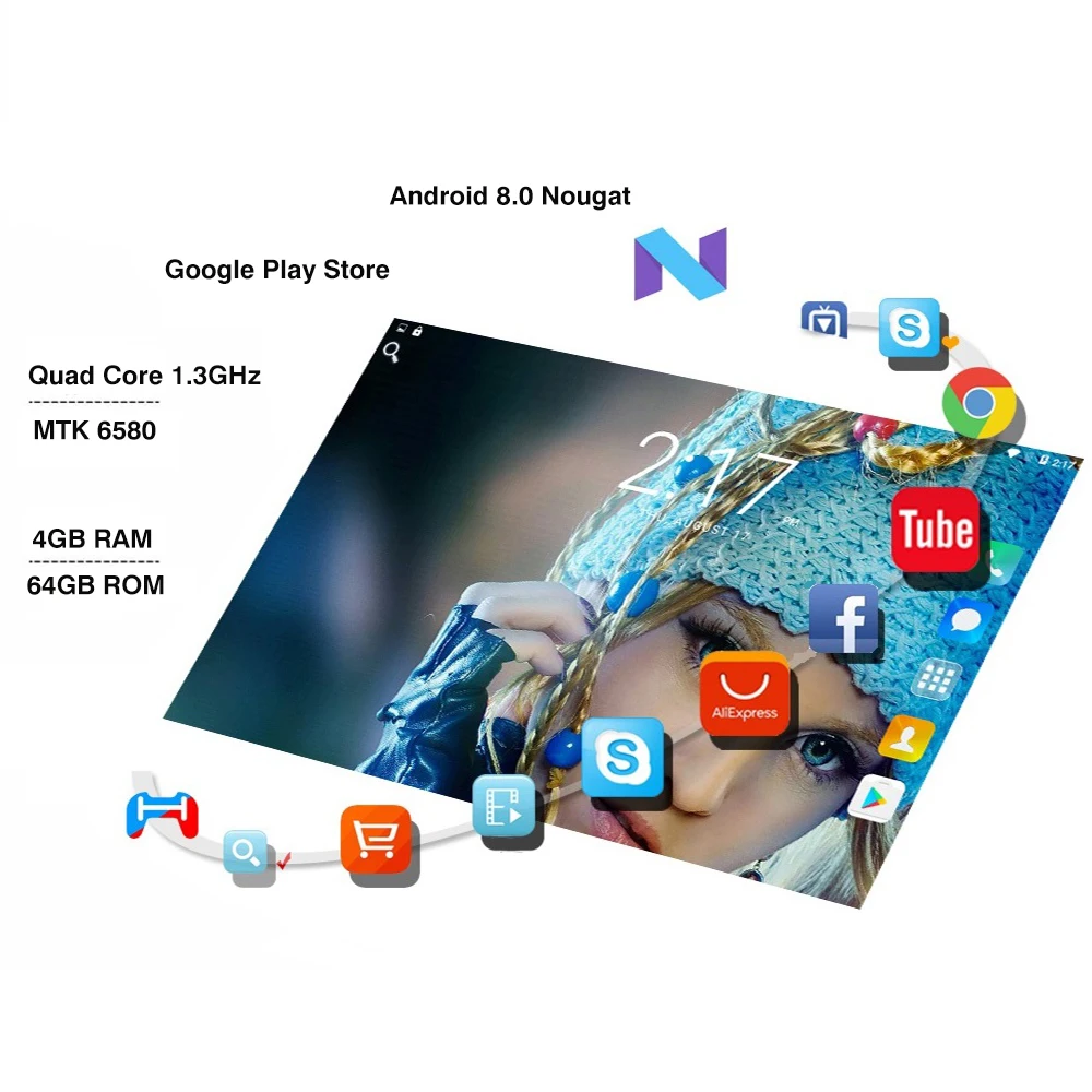 Pаспродажа Планшет 10,1 дюймов Android 4 Гб + 64 ГБ 1. 3G Гц четырехъядерный 3G телефон планшетный ПК Android 8,0 с двумя слотами для sim карт и камерами