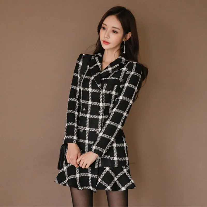 

2019 Autumn And Winter New Style Korean-style Elegant Suit Collar Plaid Slimming Flounced Woolen Jacket Duffle Coat