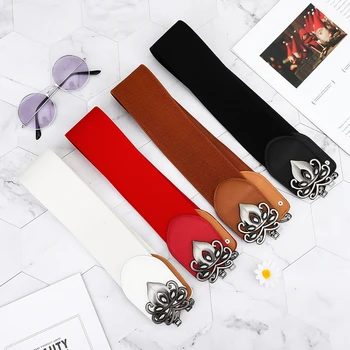 

Retro Vintage Hot Women Wide Waist Belt Metal Flower Elastic Leather Girdle Stretch Buckle Fashion Waistband Belts