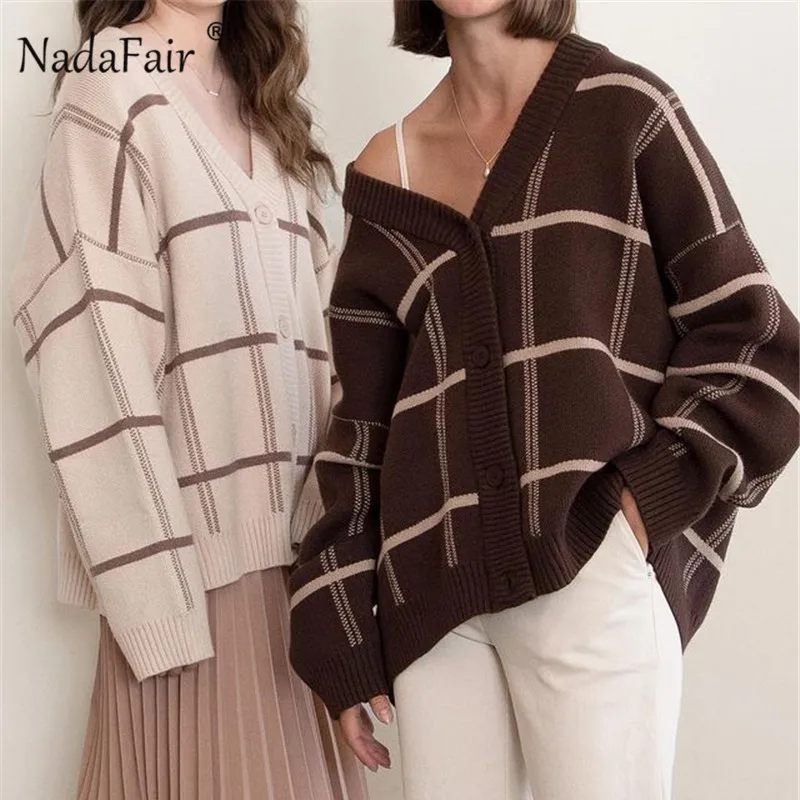 Nadafair Plaid Cardigan Sweater Women 