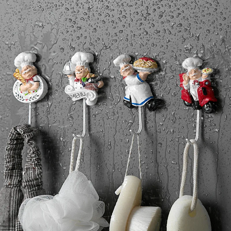 Multi Purpose Hooks Creative Resin 3D Cartoon Chef Key Tools Hooks Waterproof Bathroom Kitchen Hook Hole-free Seamless Wall Decorative