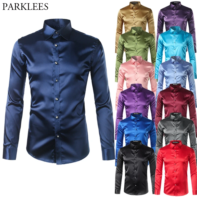 High Quality Silk Satin Shirt Men 