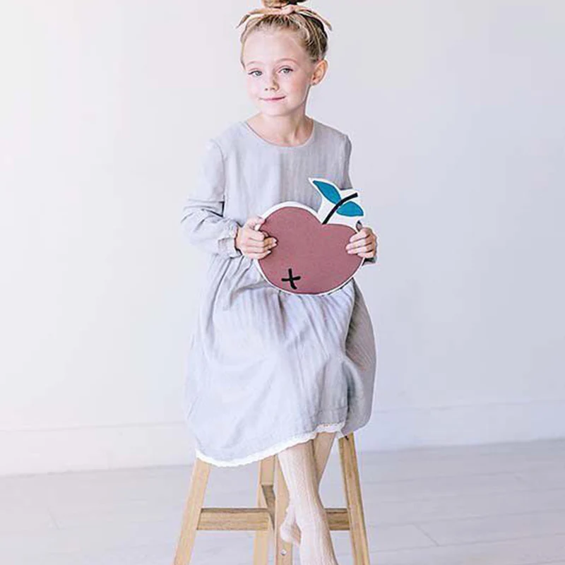 

High quality Autumn Casual Baby Girls Long Sleeve Solid Print Dress With Lace Kids Princess Pageant Dresses