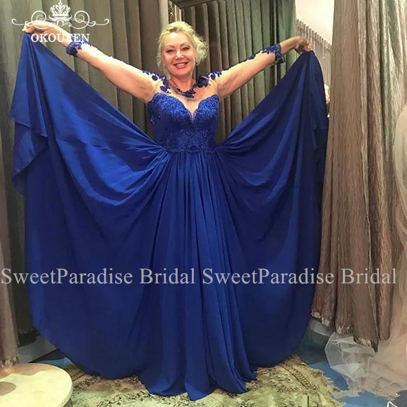 

Royal Blue Long Sleeves Mother Of The Bride Dresses For Women Lace Appliques Sheer Neck A Line Evening Dress Prom Gown