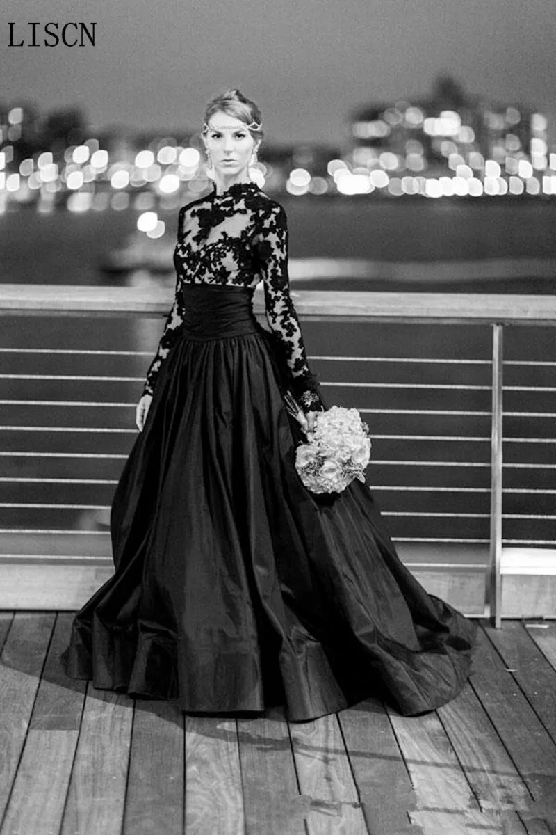 Vestidos Винтаж, готика, черный свадебное платье длинный рукав из тюли с высоким воротом кружева трапециевидной формы с коротким шлейфом Свадебные платья индивидуального пошива аппликации