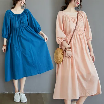 

2020 nian Summer Korean-style Literature and Art Solid Color Waist Hugging Versatile Dress Fat mm Slimming Loose Mid-length Skir