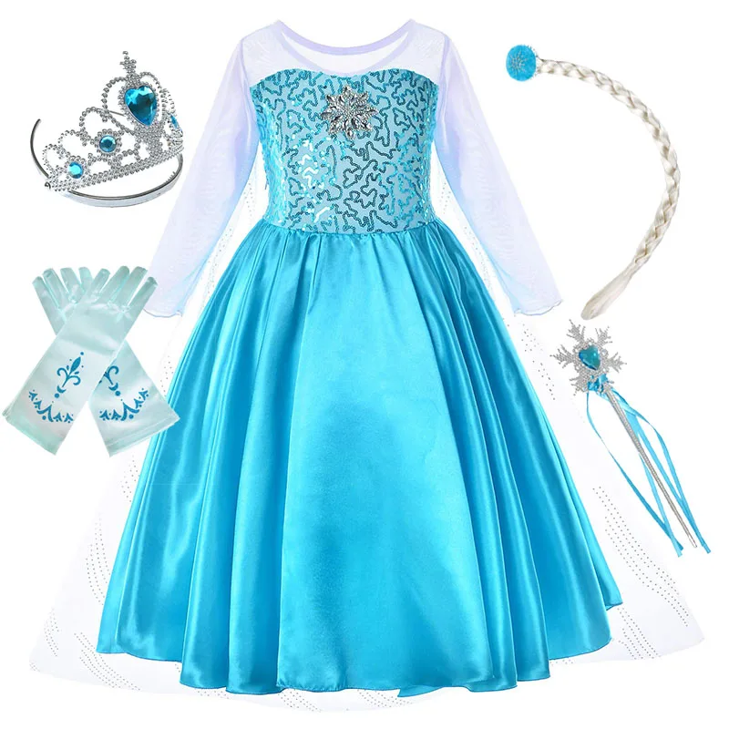 Girl Princess Dress Cosplay Elsa Costume Fancy Dress Kid Halloween Carnival Snow Queen Elza Clothing Party Blue Dress Girls Gift - Color: Elsa Set 5