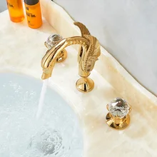 POIQIHY Swan Basin Faucet Deck Mounted Bathroom Vessel Sink Mixer Tap Dual Handles 3 Holes Widespread Golden Bathroom Faucet