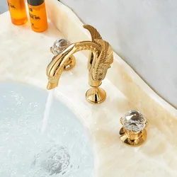POIQIHY Swan Basin Faucet Deck Mounted Bathroom Vessel Sink Mixer Tap Dual Handles 3 Holes Widespread Golden Bathroom Faucet