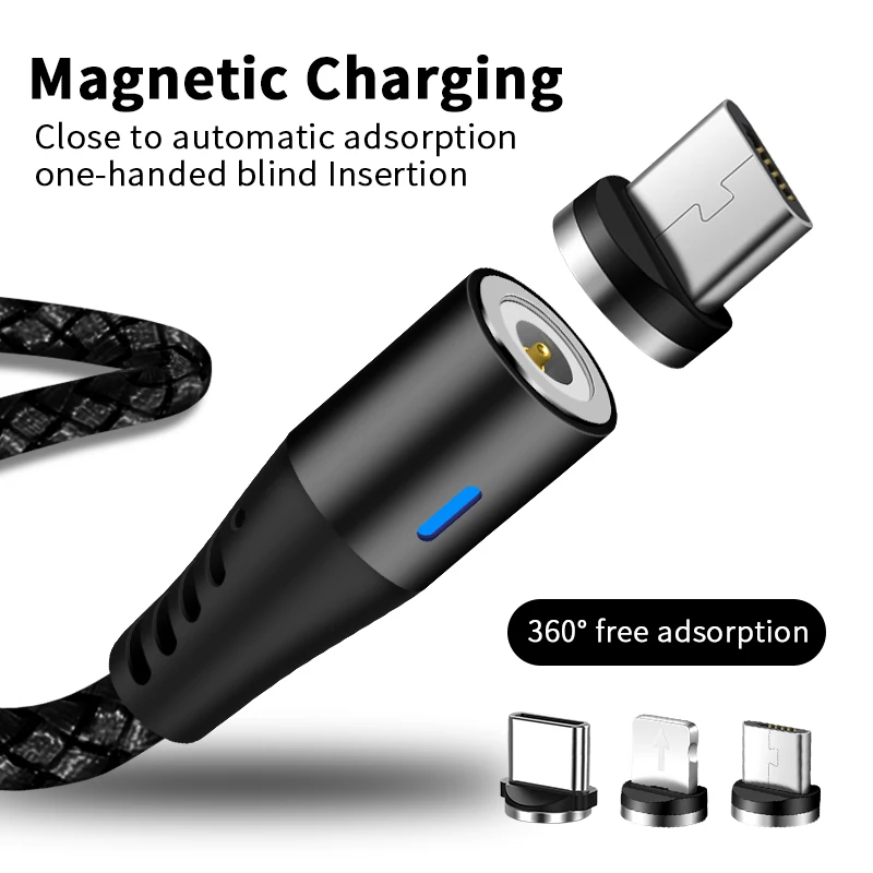 Магнитный Micro USB Type C кабель для быстрой зарядки 3 в 1 Круглый нейлоновый iPhone Samsung