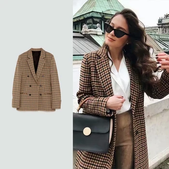 

2020 Fashion Spring Women Plaid Blazers Jackets Casual Work Office Lady Suit Slim Double Breasted Chic Female Coat New Elegant