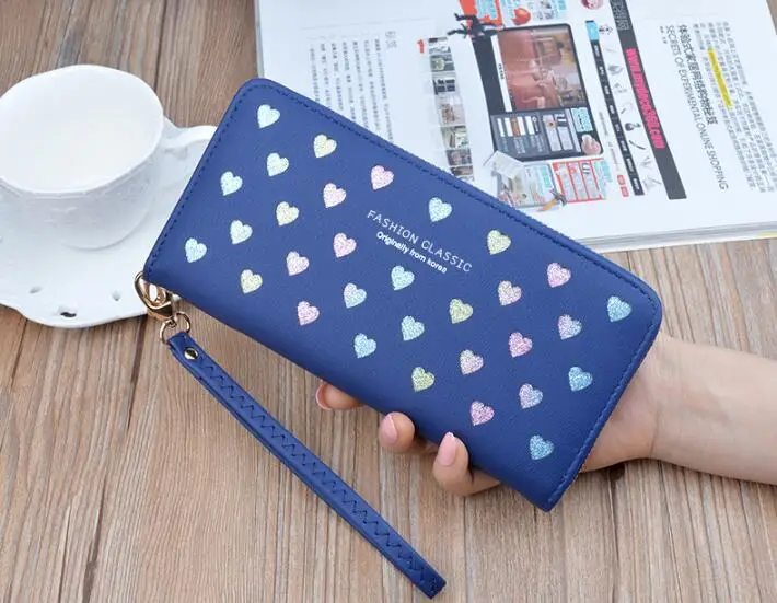 Dark Blue Модные длинные сумки на молнии с любящим сердцем для мобильного телефона, большие вместительные открытые ПУ кошелек, однотонные клатчи для женщин - Цвет: Dark Blue