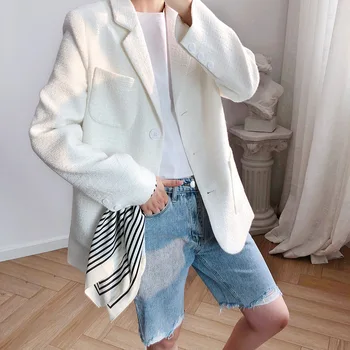 

Luxi White Woman Blazer Autumn 2019 Long Sleeve Pocket Loose Casual Female Coat