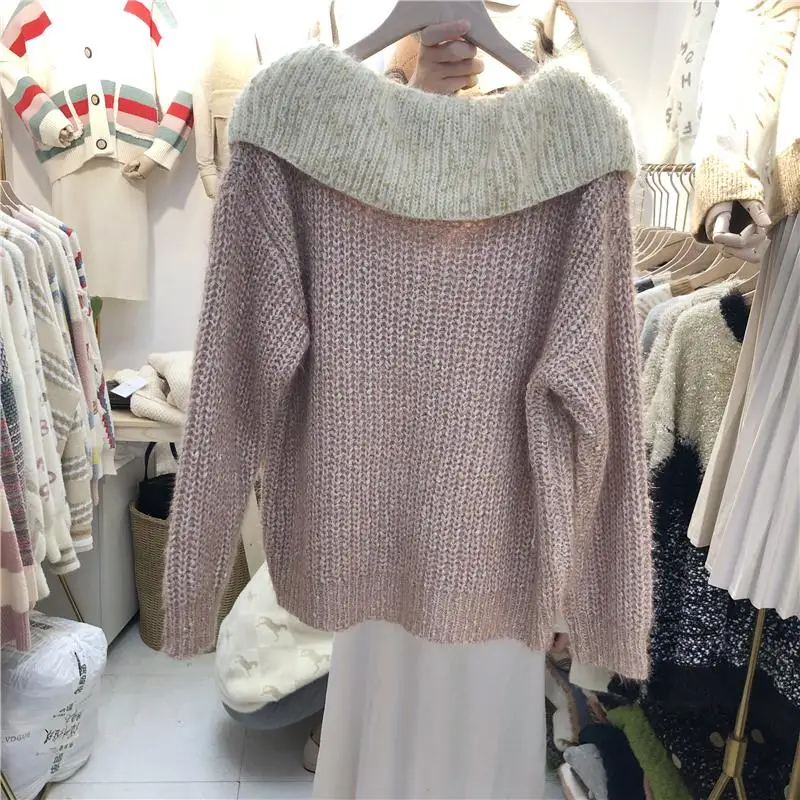 Корейский Ленивый Oaf женский кардиган с длинным рукавом Осень Зима Топы Kawaii Большой гофрированный воротник контрастный цвет вязаный кардиган свитер