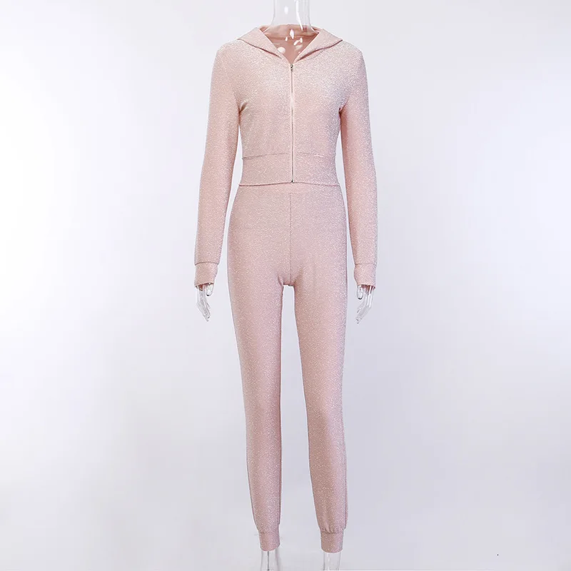 Блестящий осенне-зимний комплект из двух предметов, сексуальные толстовки, топ и длинные штаны, спортивный костюм для женщин, светоотражающие наряды, Женский комплект 2 шт. наряд - Цвет: Pink