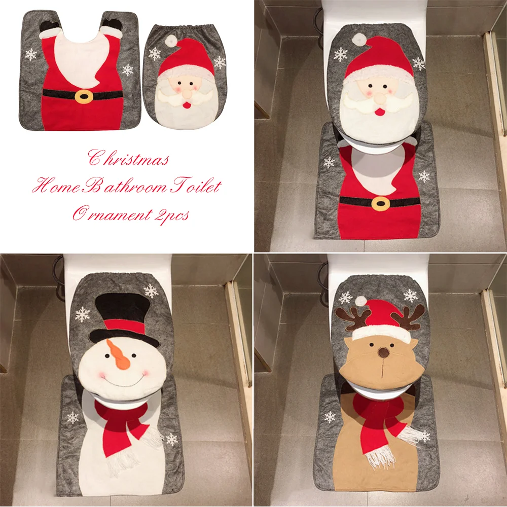 

2pcs New Year Santa Home Bathroom Toilet Xmas Decoration Christmas Ornament Set Contour Rug Xmas Party Supplies New Year