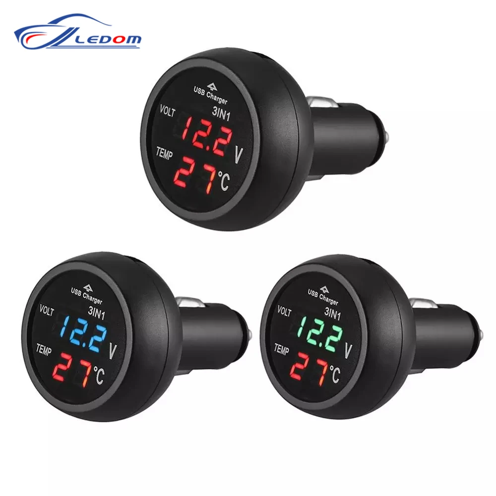Universal 12V/24V Digital 3 in 1 LED USB Car Charger Voltmeter Thermometer Battery Monitor LCD Dual Display car charger,digital voltmeter,digital voltmeter thermometer,car digital gauge