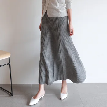 

Textured Knitted Midi Skirt Women Swing High Waist Winter Skirts