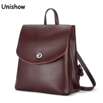 

Unishow Brand Designer Women Leather Backpack Soild Vintage Women Bagpack Genuine Leather Ladies Travel Backpack Small