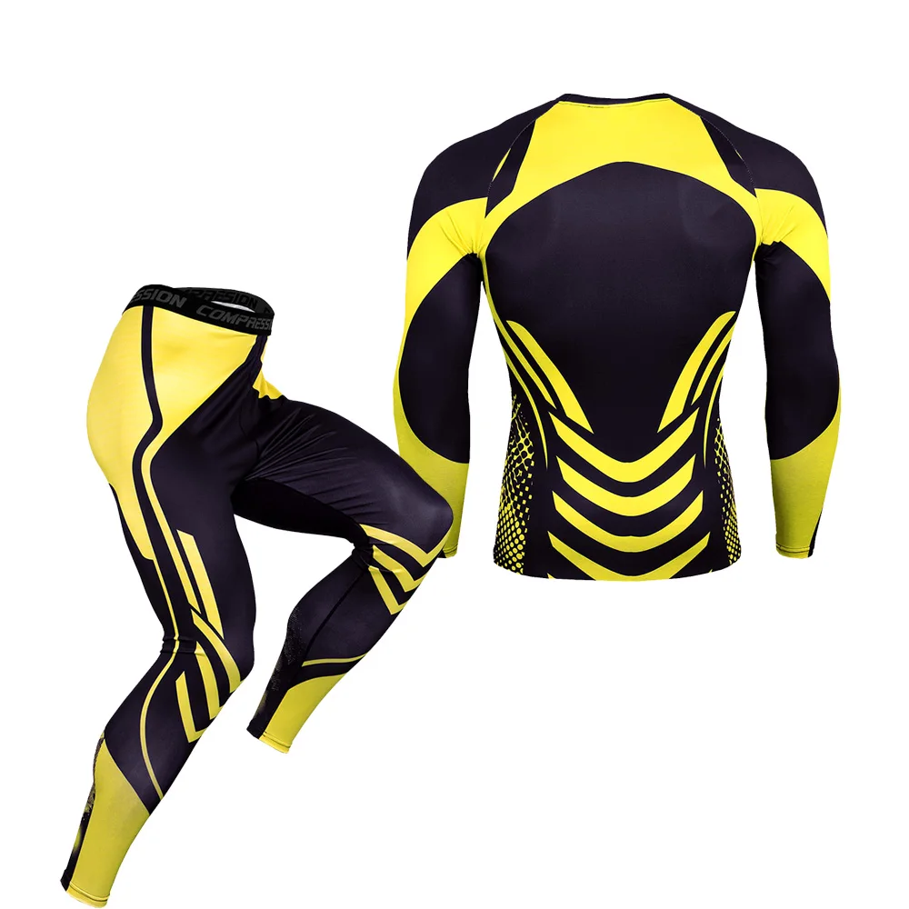 Мужской длинный рукав рубашка колготки комплект для бега камуфляж быстросохнущий компрессионный спортивный костюм Рашгард MMA спортивный костюм