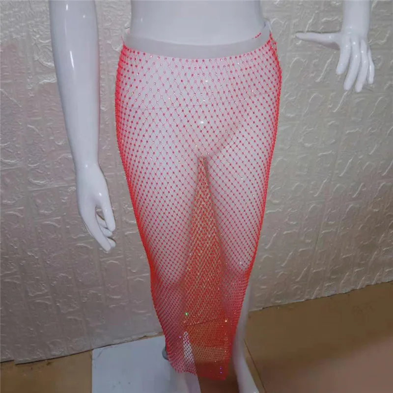 Shiny Diamante See Through Skirt Sexy Side Slit Fishnet Grid Patchwork Elastic Waist Women Skirts Summer Lady Swimwear Cover UP