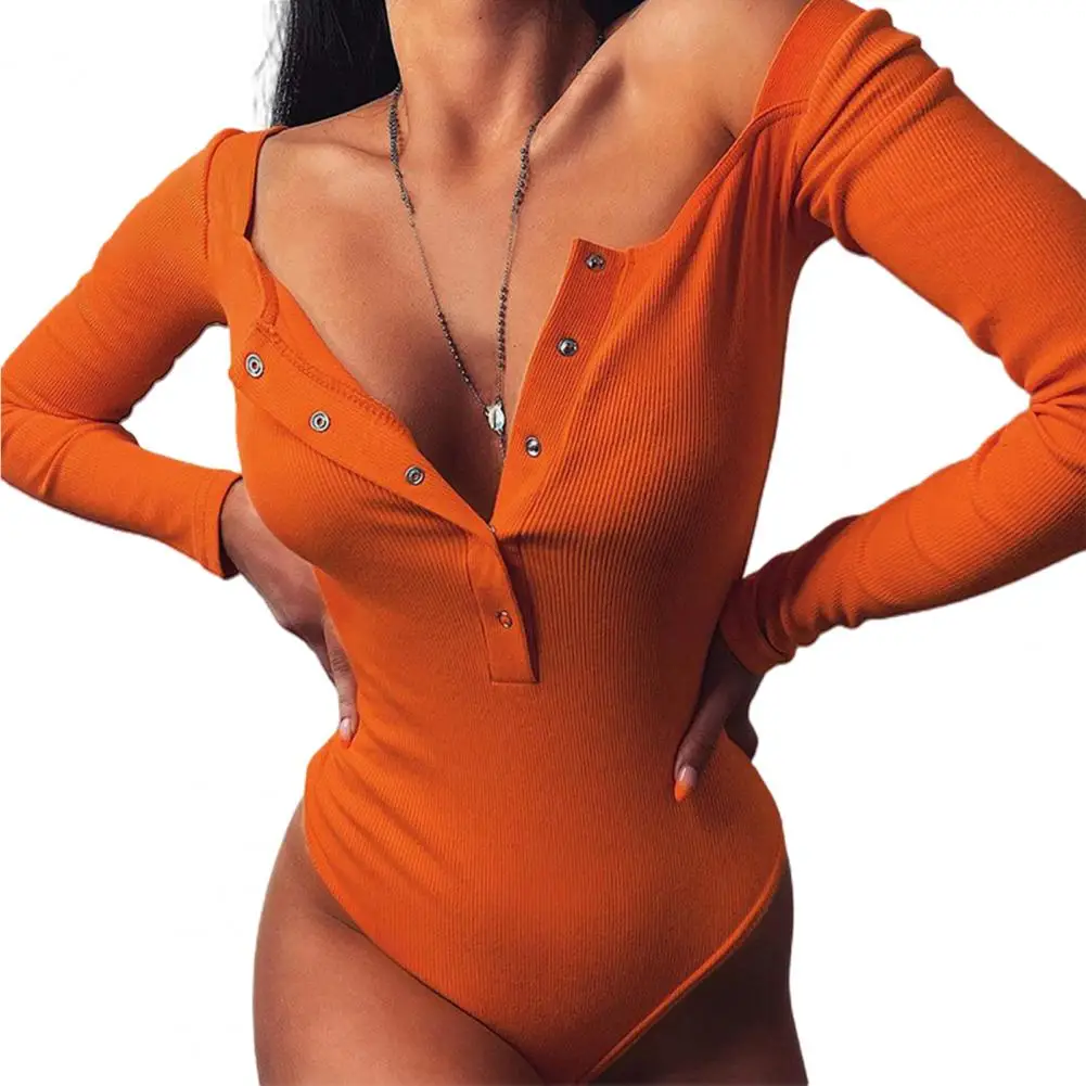 Sexy Knitted Bodysuit Women Square Neck Long Sleeve Buttons Ribbed Knitted Slim Romper Fashion Streetwear  Overalls mesh bodysuit