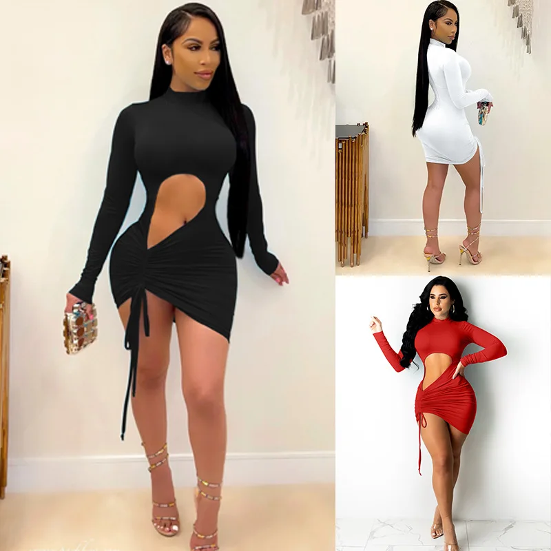 

SKMY New Autumn Sexy Hollow Out Dress Lace-Up Drawstring Pleated Long Sleeve Bodycon Dress Women Clothing Solid Color