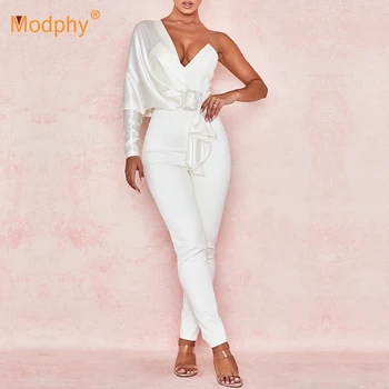 

2020 Spring New Fashion White Jumpsuit Harajuku Sexy Long Sleeve One Shoulder Bow Bodycon Club Celebrity Evening Party Jumpsuit