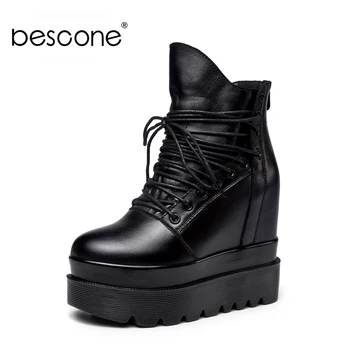 

Bescone Chunk Heel Ankle Boots Woman Genuine Leather High Platform Round Toe Lace Up Boots Ladies Height Incresing Boots BO731