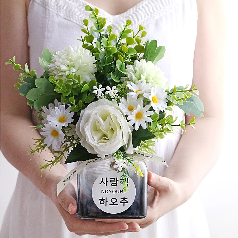

Modern Glass Vase+Artificial Flower Set Decor Home Furnishing Decoration Craft Livingroom Silk Fake Flower Pot Art Wedding Gifts