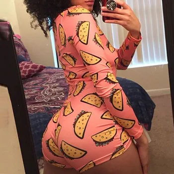 

Sexy Women Stretch Button Deep V Neck Bodycon Sexy Lingerie Long Sleeve Print Sleepwear Jumpsuit Romper Bodysuit Leotard